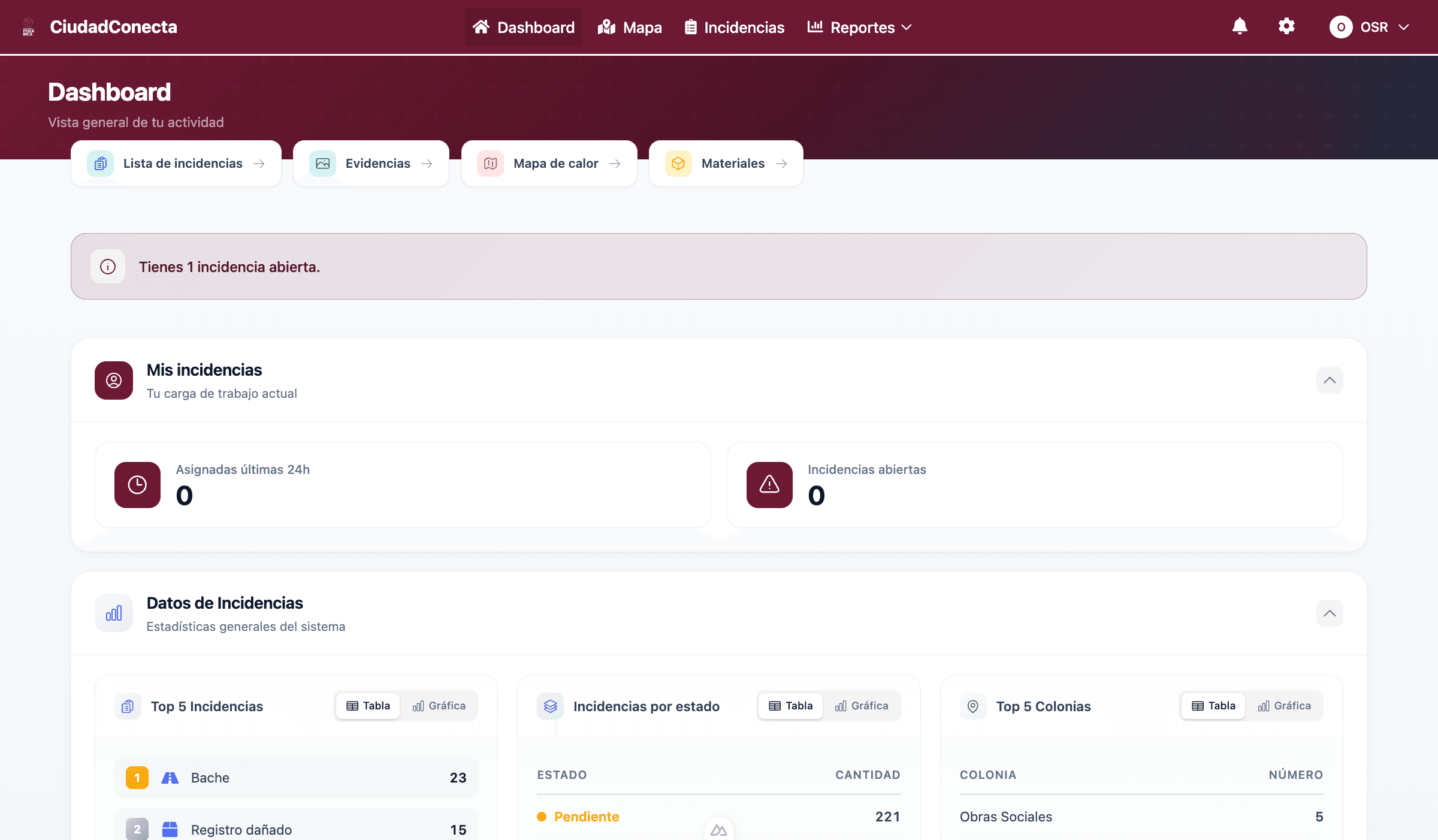 Panel de control de CiudadConecta con dashboard de estadísticas de incidencias