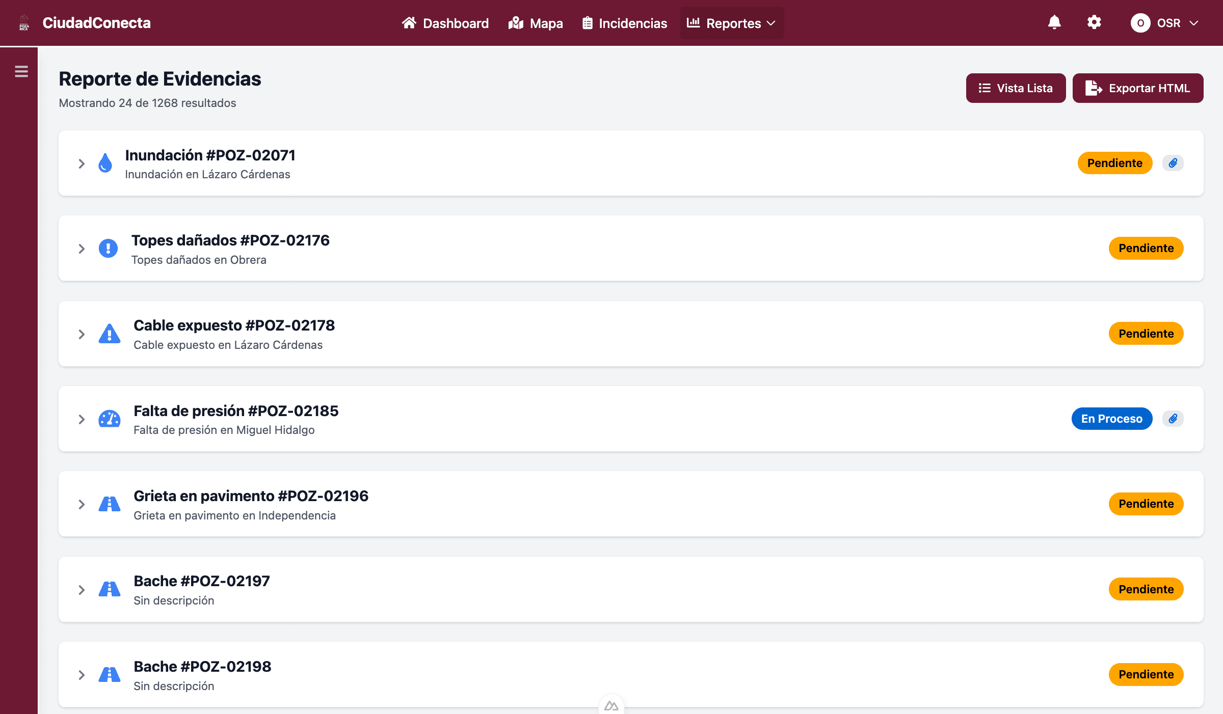 Reporte de evidencias de CiudadConecta con lista de incidencias y estados